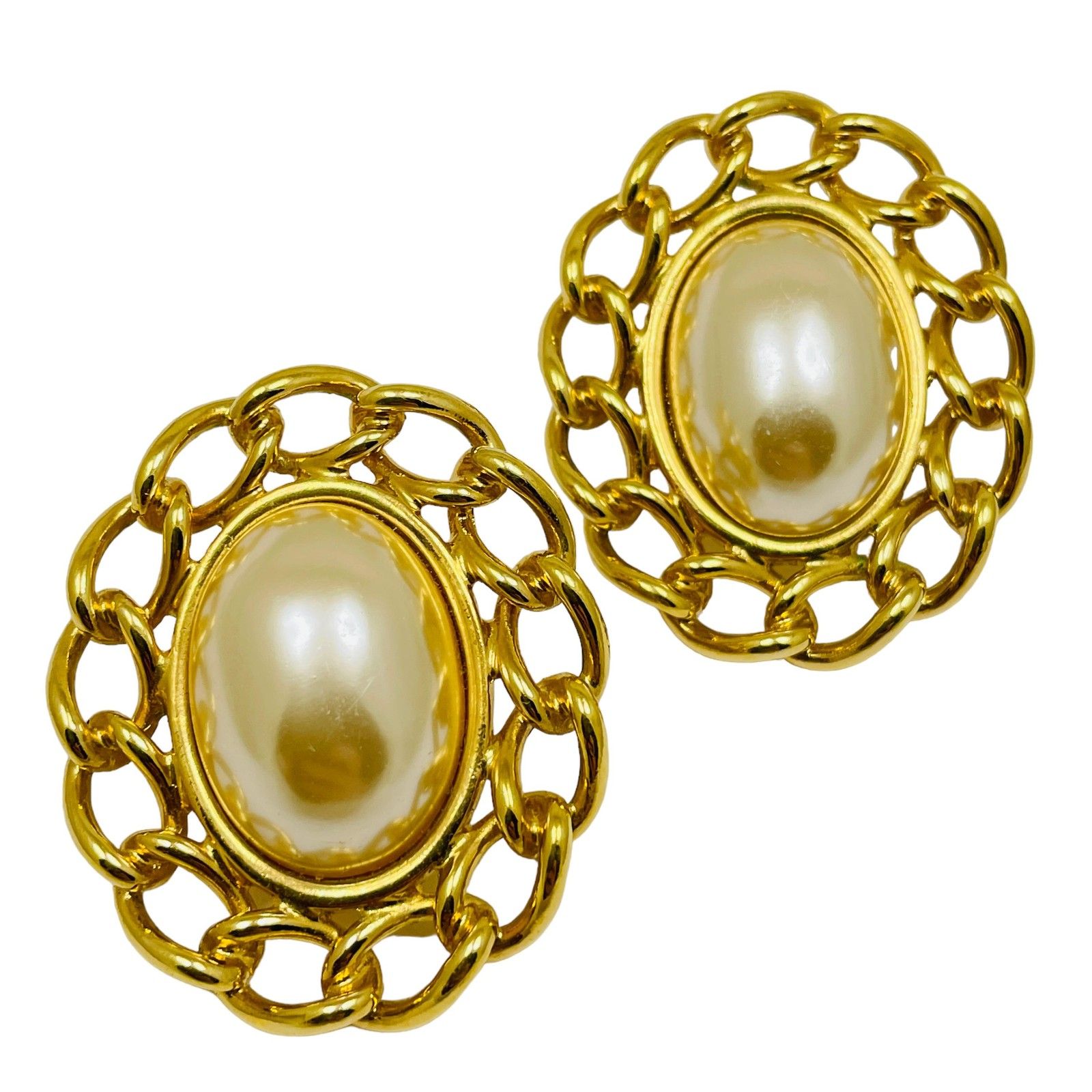 Napier Signed Vintage Gold Tone Chain Pearl Designer 80's Post Earrings